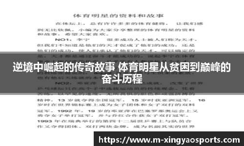 逆境中崛起的传奇故事 体育明星从贫困到巅峰的奋斗历程